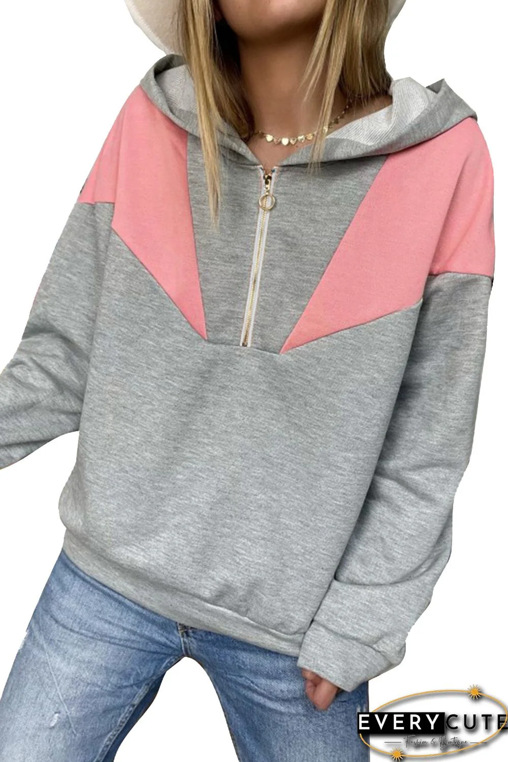 Gray Zip Front Colorblock Pullover Hoodie