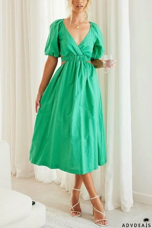 Cut Out Waist V Neck Puff Sleeve Dress