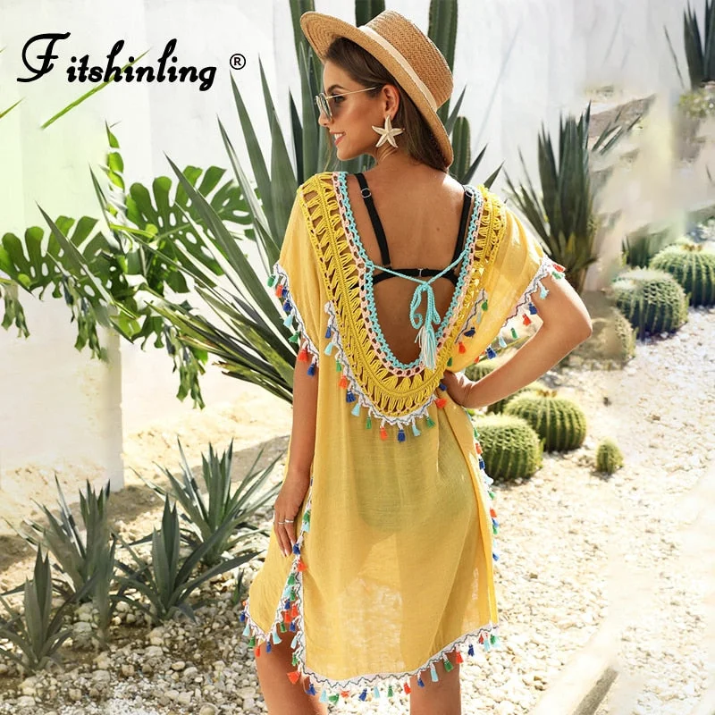 Fitshinling Handmade Crochet Beach Dress Backless Transparent Sexy Yellow Pareos Swimwear Bohemian Summer Holiday Tassel Robe