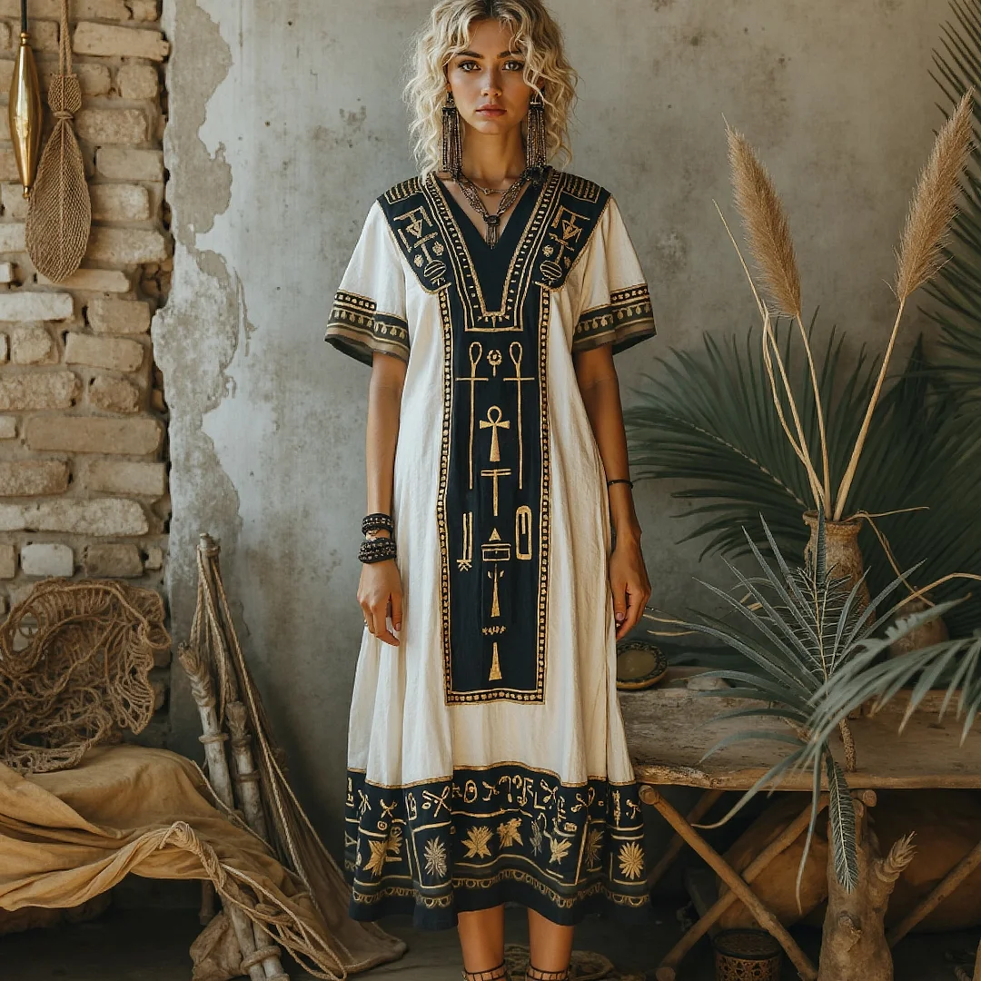 Women's Vintage ankh Ancient Egyptian Embroidered Linen Art Print Maxi Dress