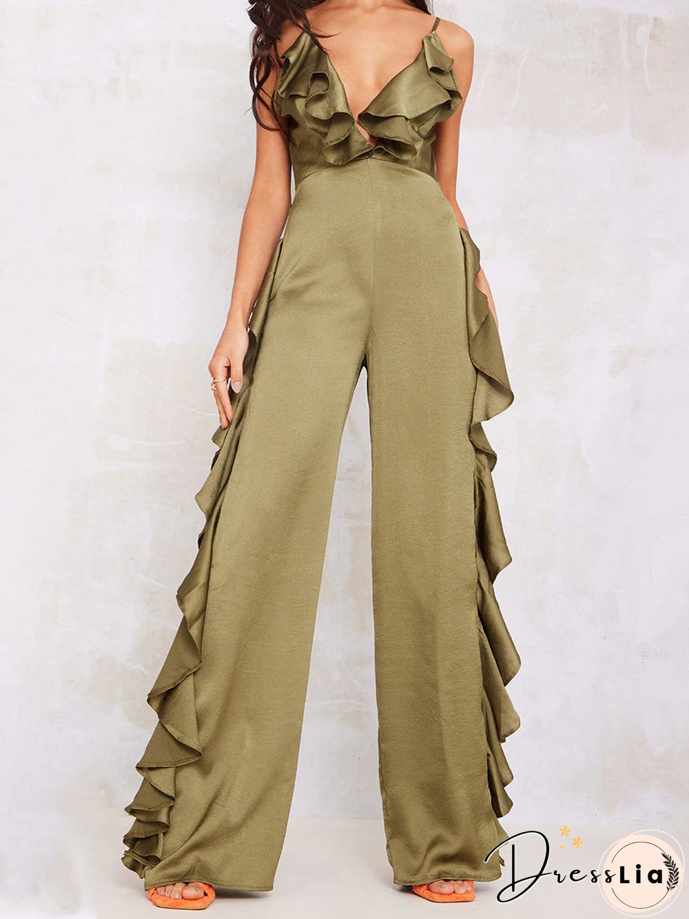 Women'S Jumpsuits Deep V Neck Open Back Ruffle Jumpsuit
