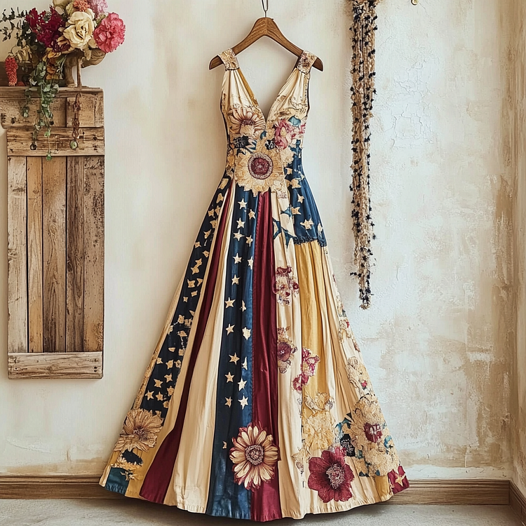 Women's Vintage Independence Day Flag Floral Embroidery Sleeveless Dress