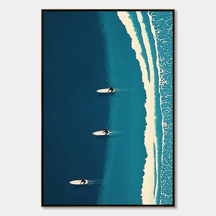OCEAN'S THREE: Minimalist Aerial Surfing Scene Oil Painting（Canvas painting）
