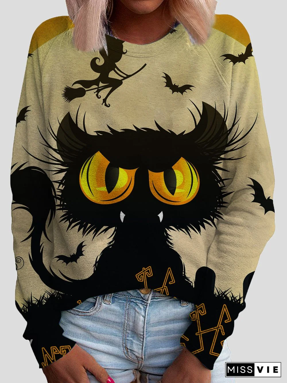 Women'S T-Shirts Cat Print Round Neck Long Sleeve T-Shirt