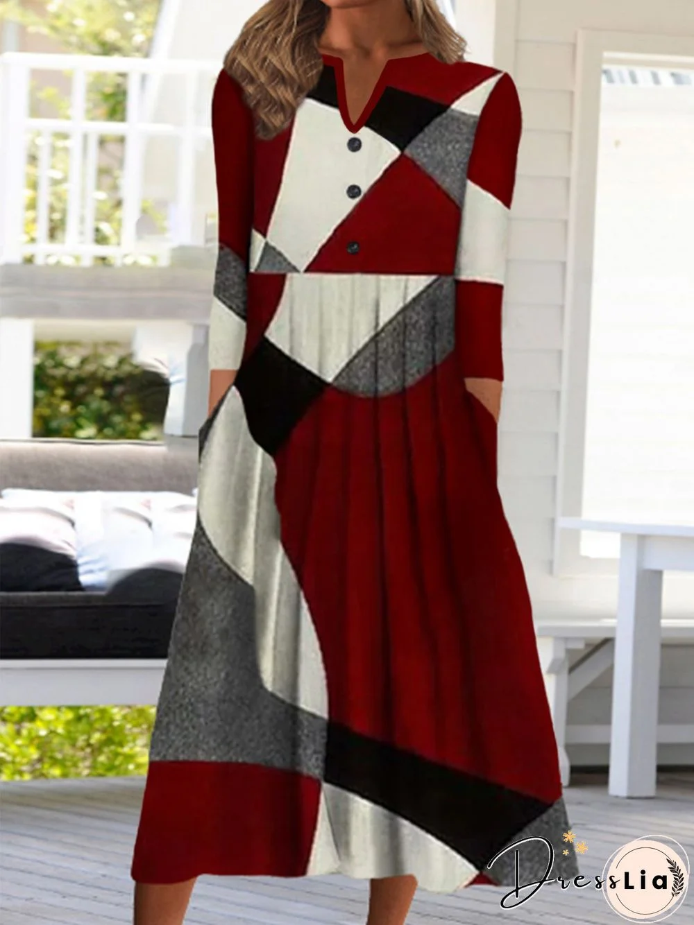 Color Block Geometric Long Sleeve Buttoned Notched Plus Size Casual Dresses