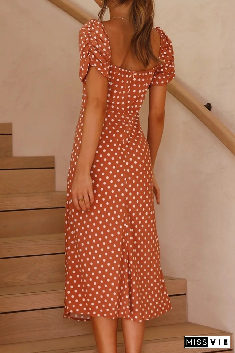 Fashion Elegant Dot Draw String Slit Square Collar A Line Dresses