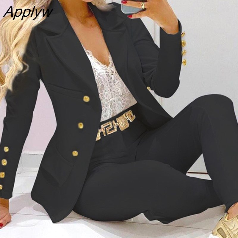 Applyw Solid Lapel Single Breasted Slim Small Suit Jacket + High Waist Pencil Pants Two Piece Set 2023 Spring Autumn Women Suit