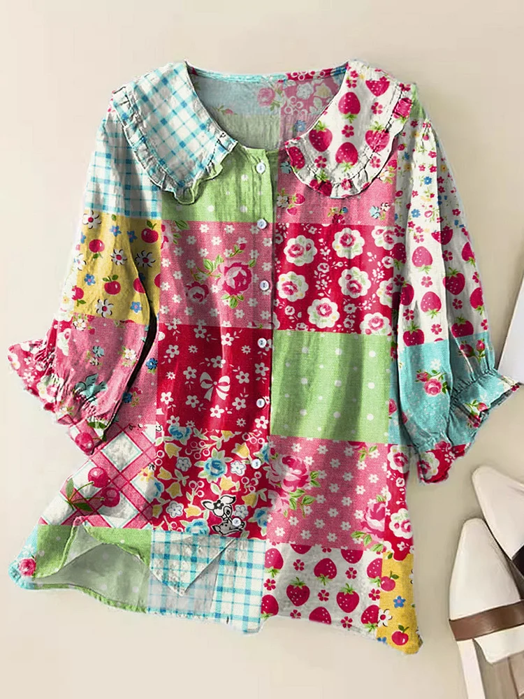 Women Vintage Floral Patchwork Pattern Art Print Loose Peter Pan Collar Half Sleeve Blouses