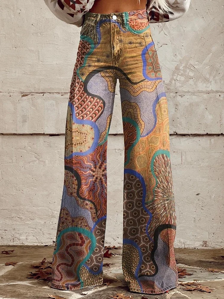 Women's Colourful Stitching Print Casual Wide Leg Pants