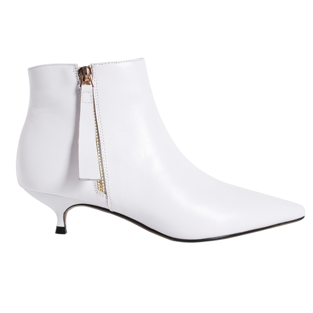 4cm Zipper Leather Kitten Heels Ankle Boots White-vocosishoes