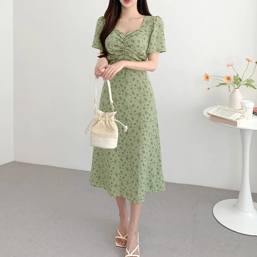 Uveng Uveng Chic Summer Retro Elegant V-Neck Hollow Back Strap Design Waist Show Thin Short-Sleeved Floral Dress