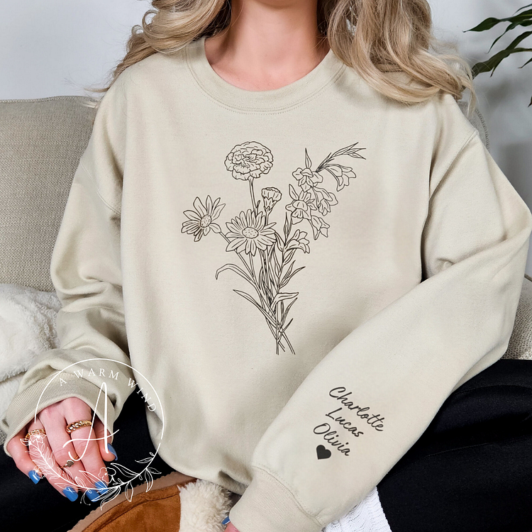 Custom Birth Month Flower Outline Bouquet Sweatshirt,Christmas Gift for Mom Grandma