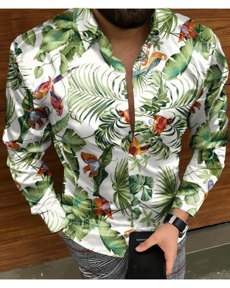 men's casual printed leaf long-sleeved shirt