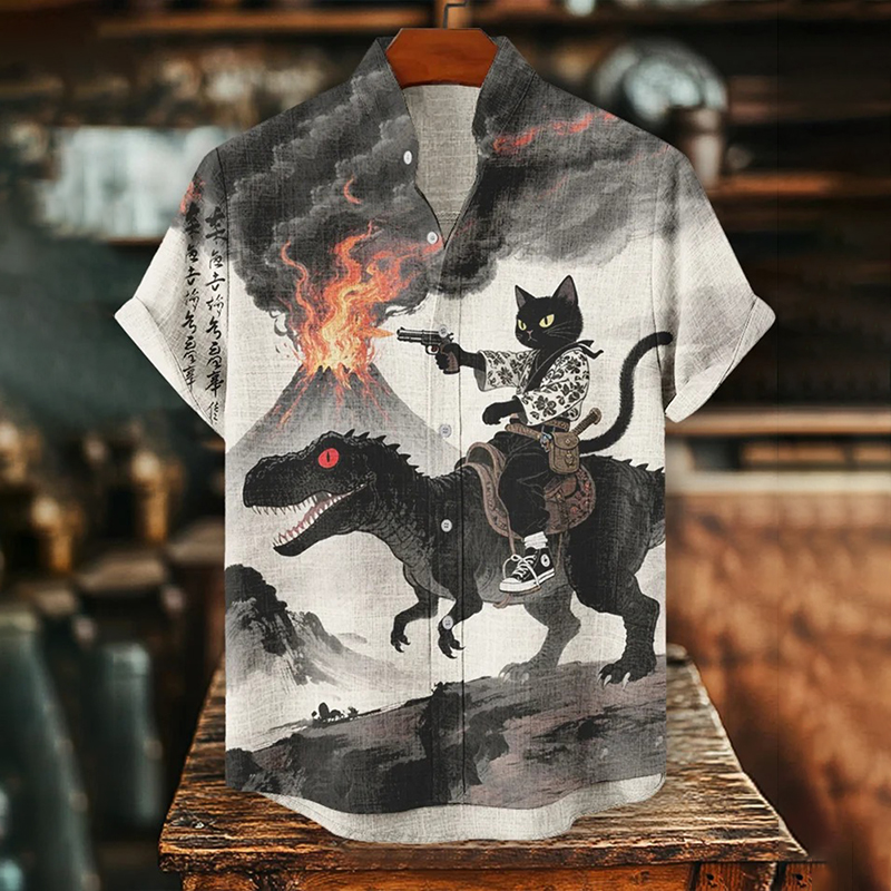 Men's Vintage Cat Riding Dinosaur Battle Print Japanese Style Art Print Casual Shirt  artssus