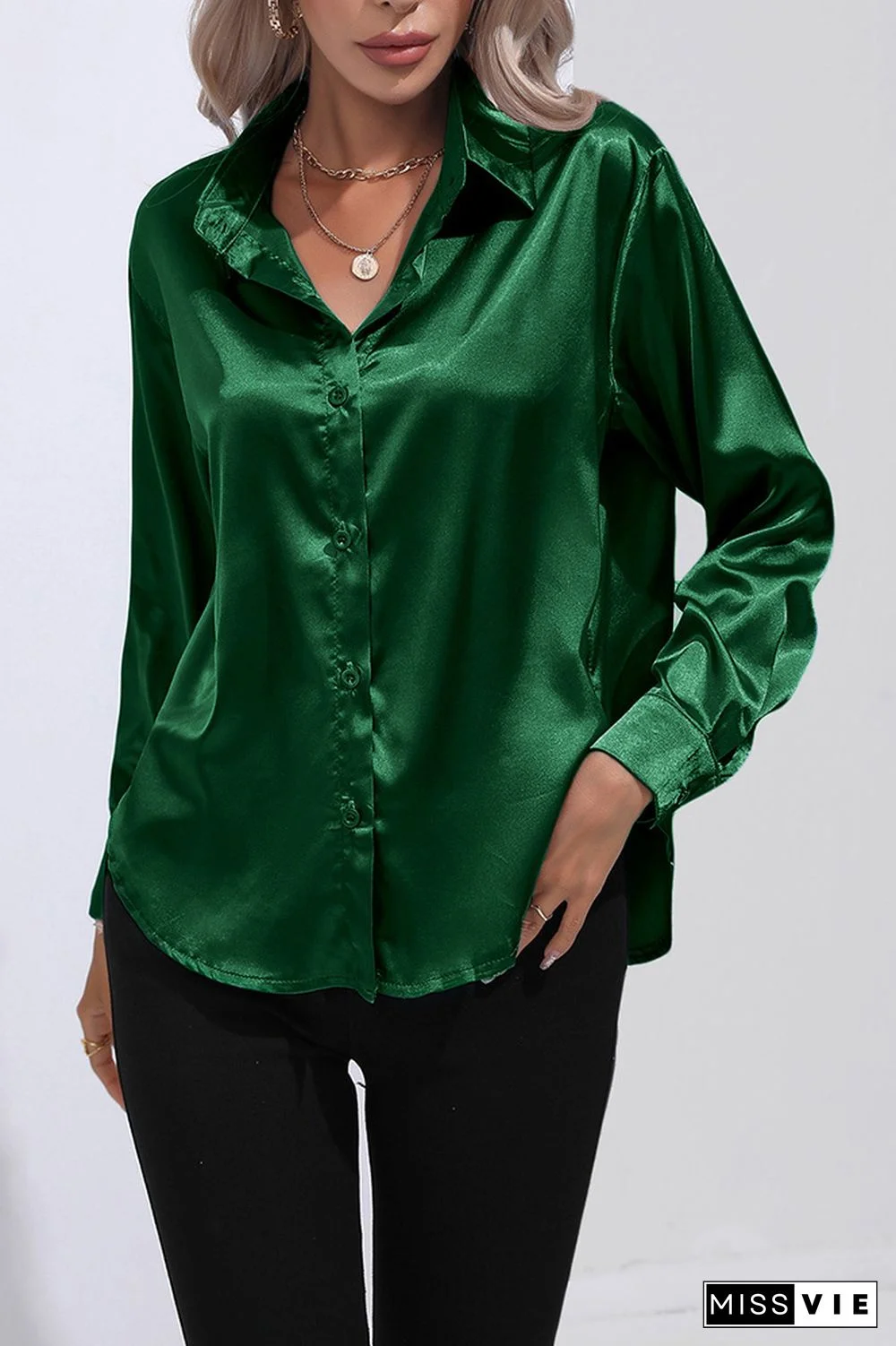 Plain Silky Open Button Long Sleeves Blouse Shirt