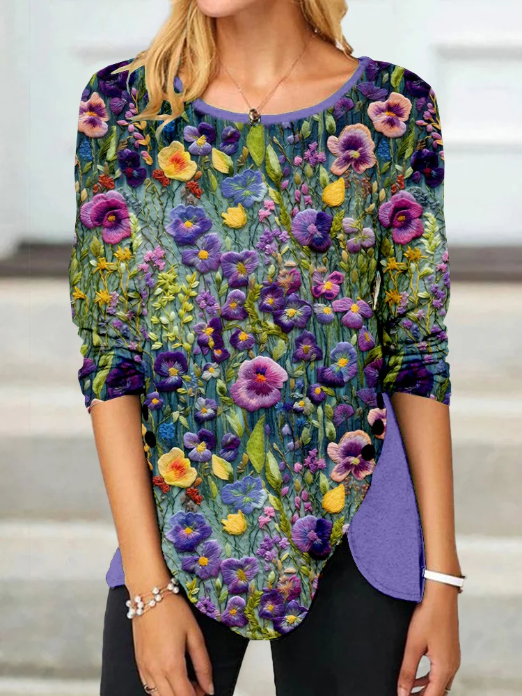 VChics Violet Wildflower Embroidery Art Button Slit Comfy T Shirt
