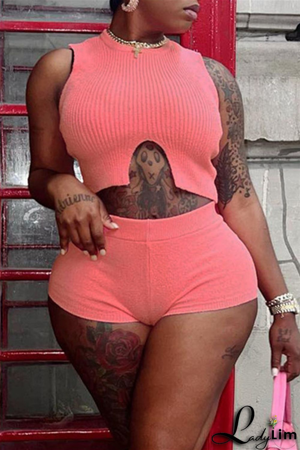 Pink Fashion Casual Solid Basic O Neck Sleeveless Two Pieces