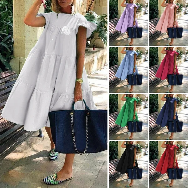 Summer Women Short Sleeves Long Dress Ruffled Pleated Party Casual Baggy Cotton Linen Midi Dresses Plus Size