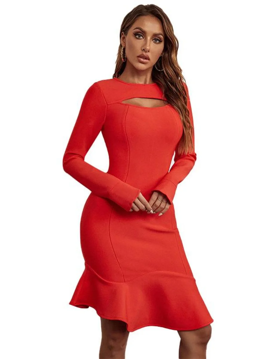 Women's Mermaid Dress Hollow Out Long Sleeve Bandage Bodycon Dress