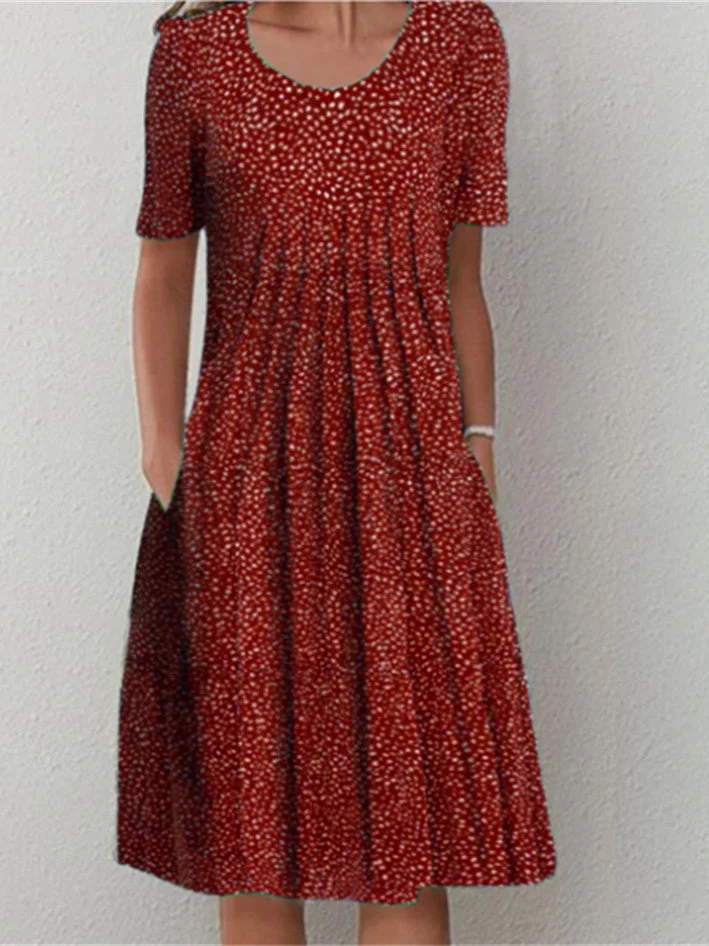Women Short Sleeve Scoop Neck Polka Dot Graphic Midi Dress