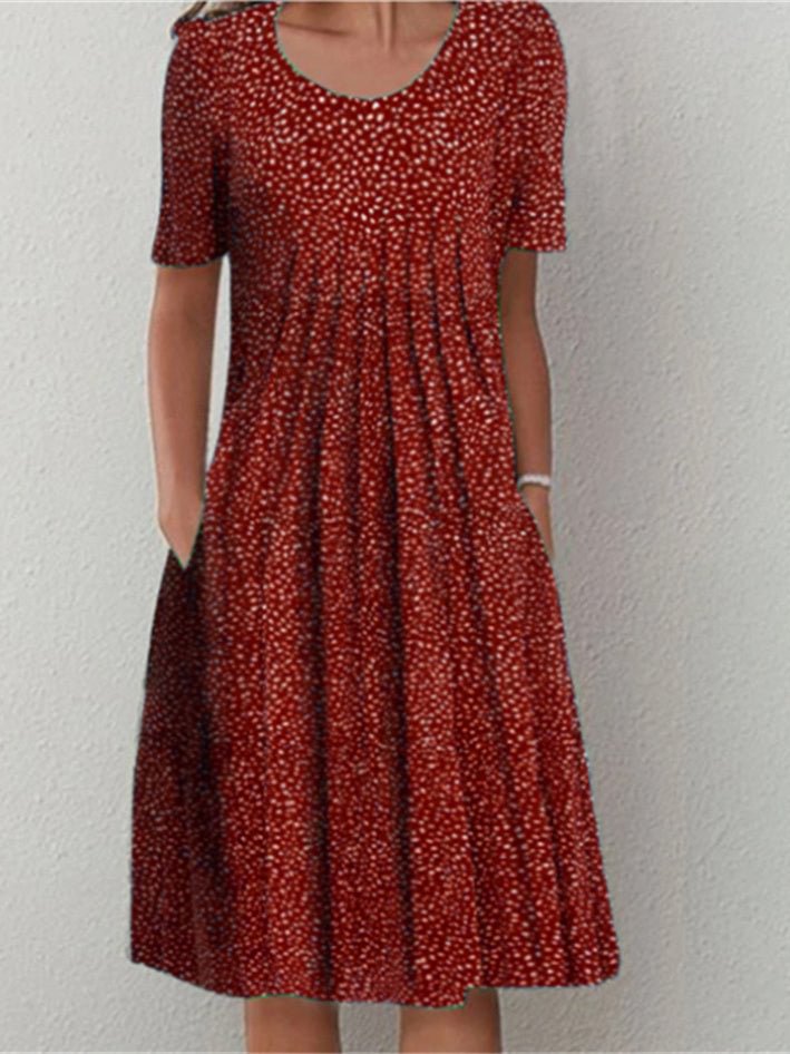 Women Short Sleeve Scoop Neck Polka Dot Graphic Midi Dress