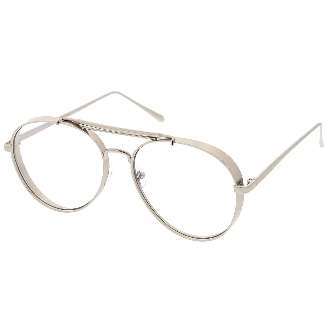 Oversize Metal Aviator Eyeglasses With Triple Crossbar Side Cover Clear Flat Lens 60mm