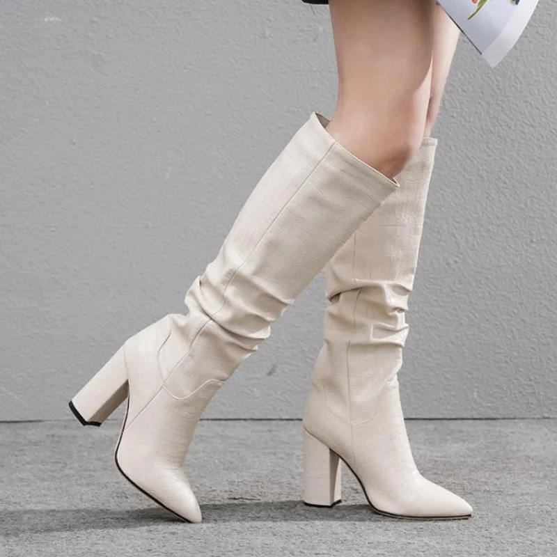 Women Knee Boots Fashion Pointed Toe High Heel Winter Shoes Woman Stone Print Long Boot Office Lady Footwear Size 34-43
