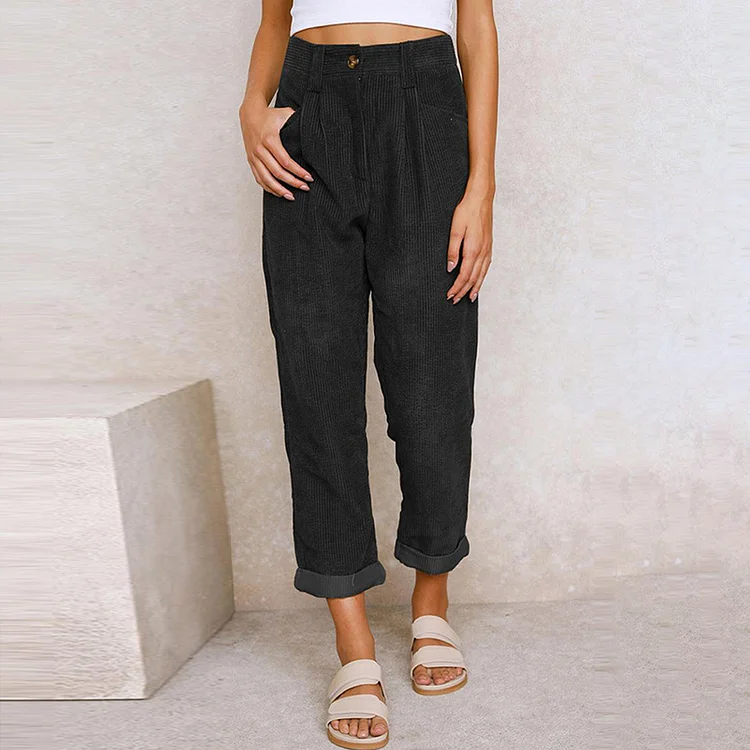 Casual Solid Corduroy Loose Straight Leg Pants