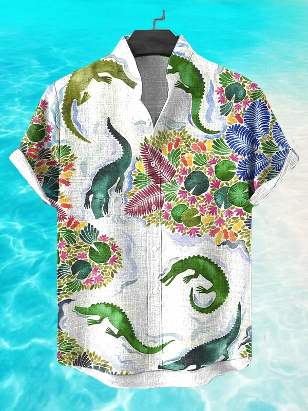 Men's Lotus Pond Crocodile Art Print Short Sleeve Shirt