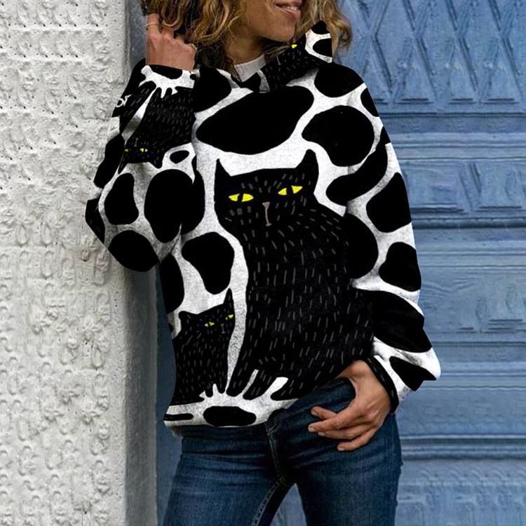 Long Sleeve Cow Cat Print Hoodie