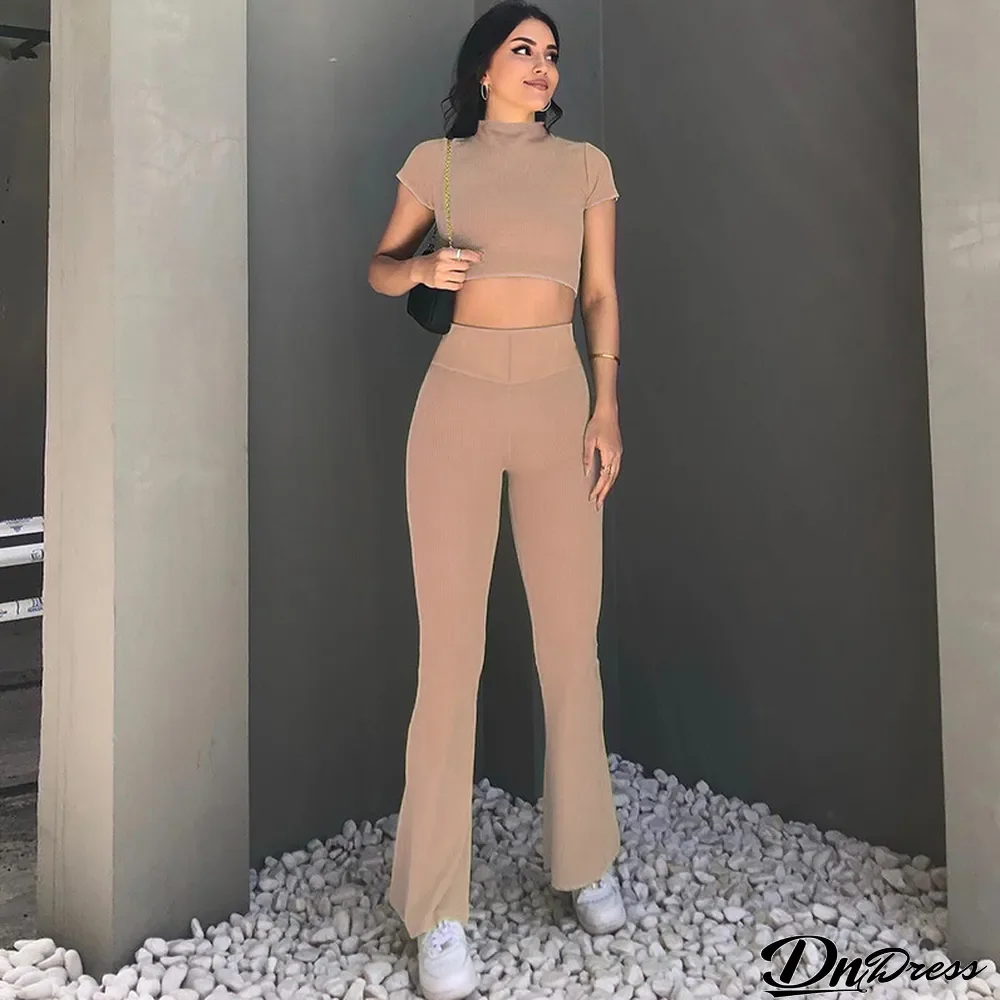 Women Clothes Summer Casual Solid Crop Crop Top Slim Pants Two Piece Set