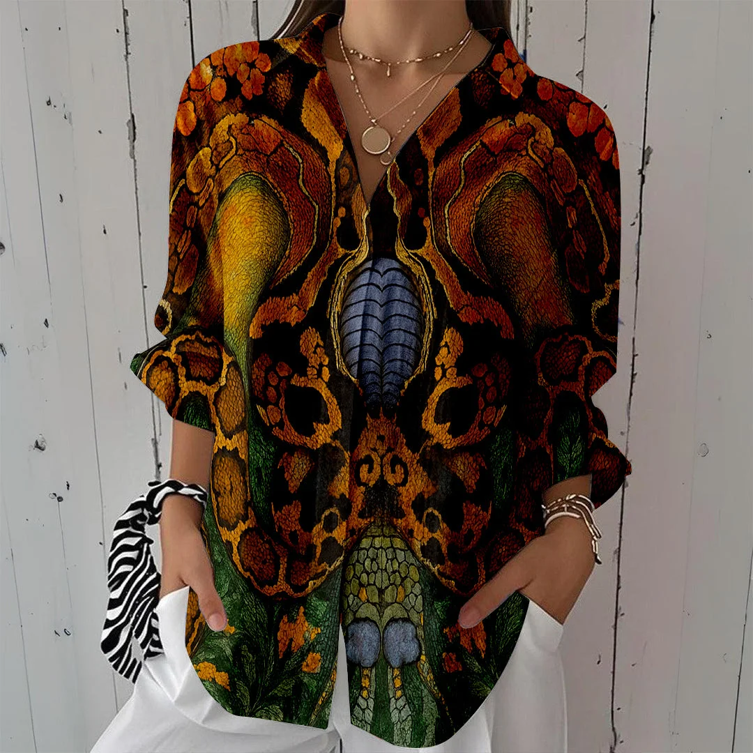 Style & Comfort for Mature Women Women Bohemian, Gold, Blue DZCL0401 3/4 Sleeve Shirt Collar Printed Button Tops