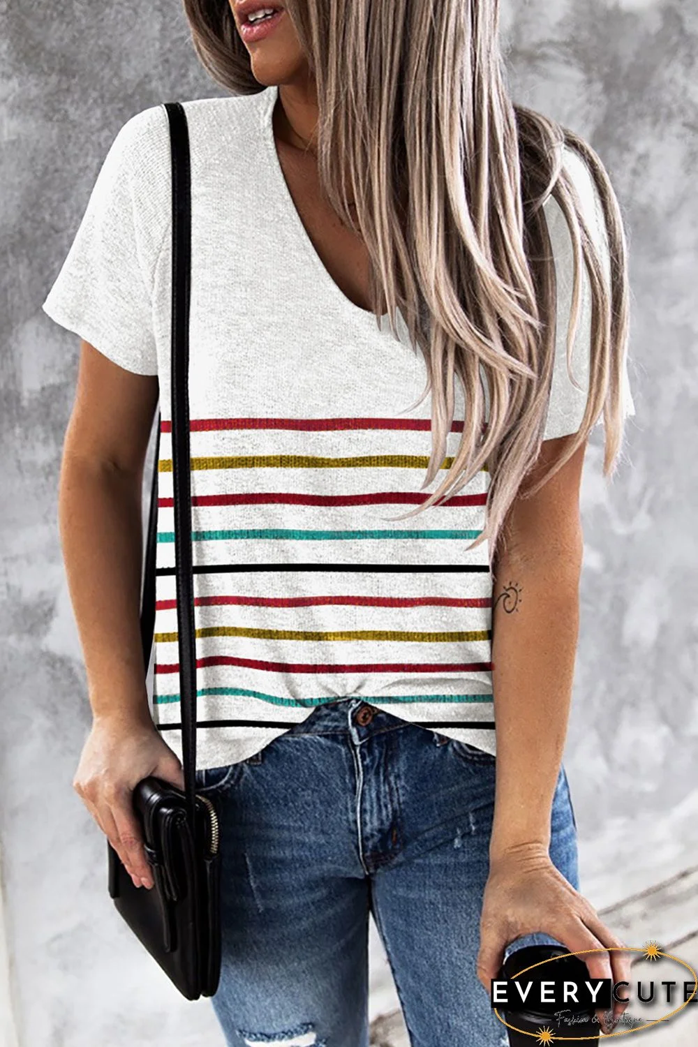 White Colorful Striped Tee