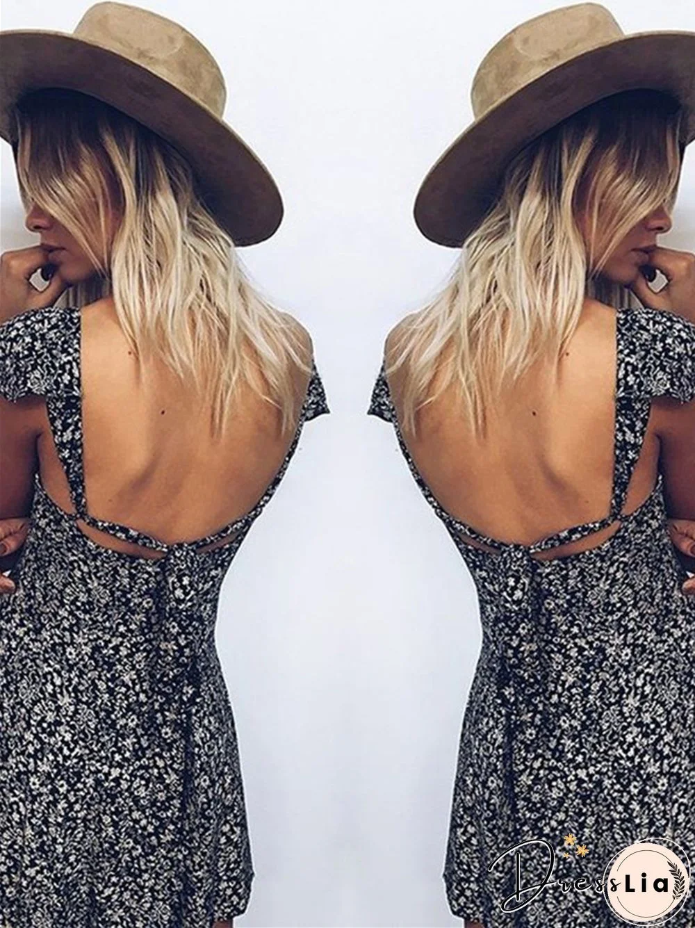 New Small Floral Square Neck Backless Dress for Women