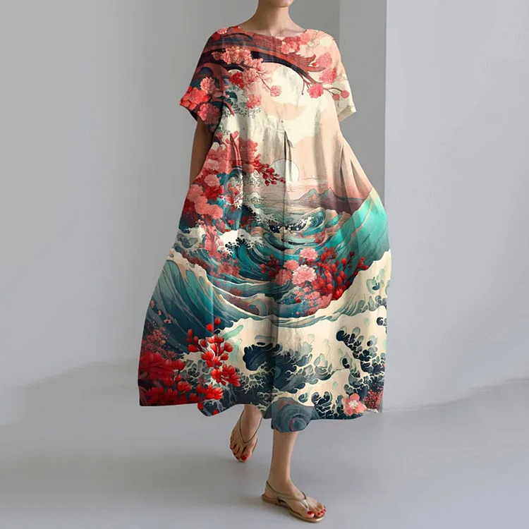 Wearshes Wave Floral Japanese Art Loose Short Sleeved Midi Dress