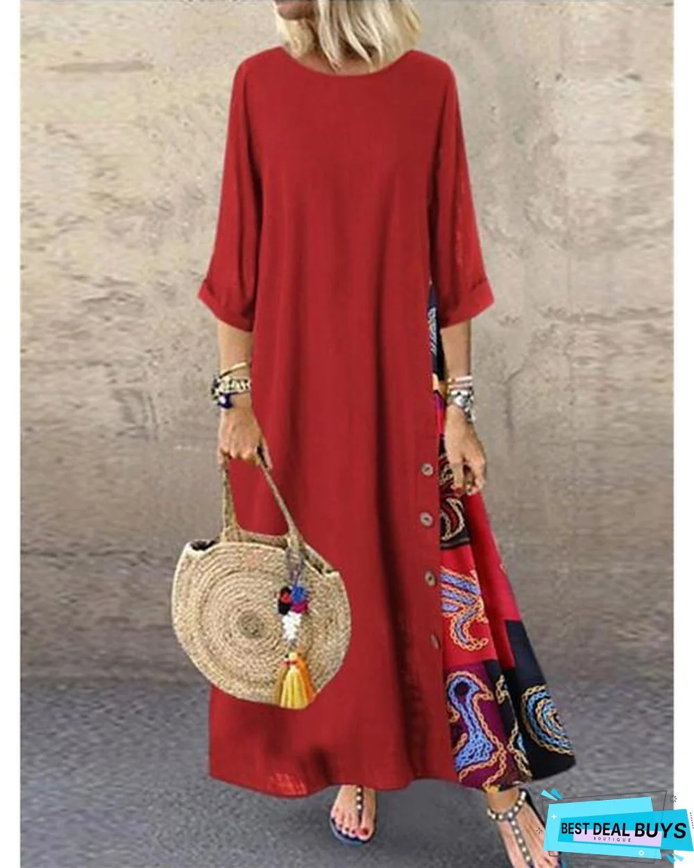 Women's Swing Dress Maxi Long Dress - 3/4 Length Sleeve Print Spring & Summer Hot Casual Holiday Vacation Dresses Loose Red Yellow Wine Army Green Navy Blue Gray L