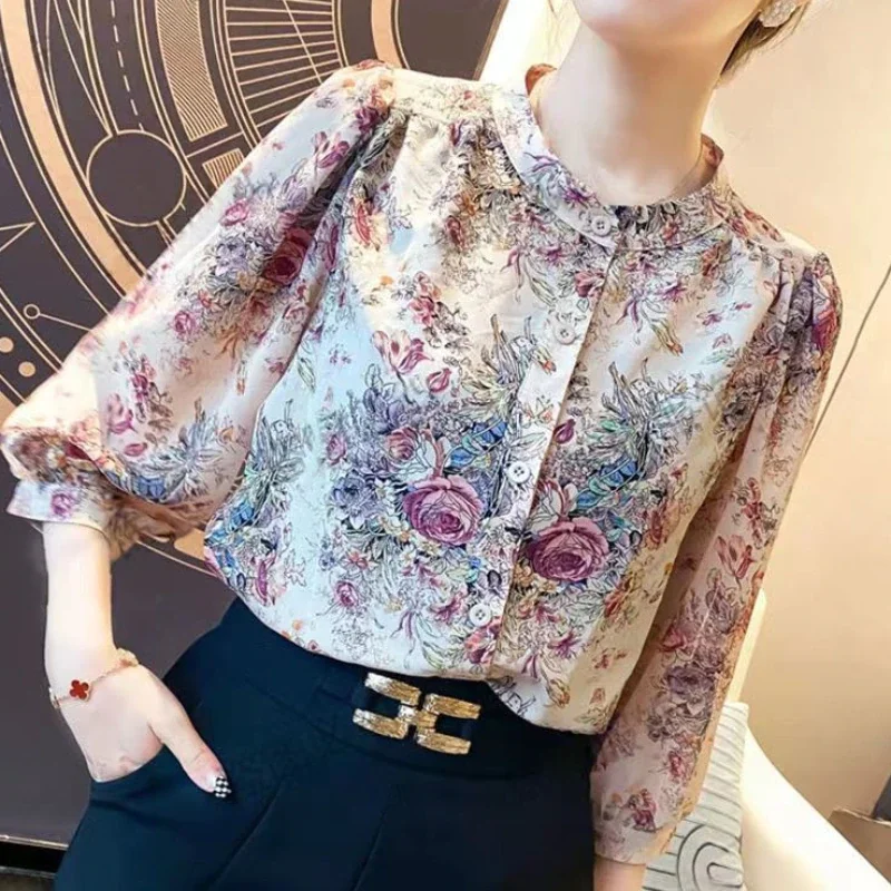 Jangj Flower Pink Chiffon Shirt Round Neck Open Stitch Causal Blouse 2022 Spring Summer Long Sleeve Elegant Shirt for Female