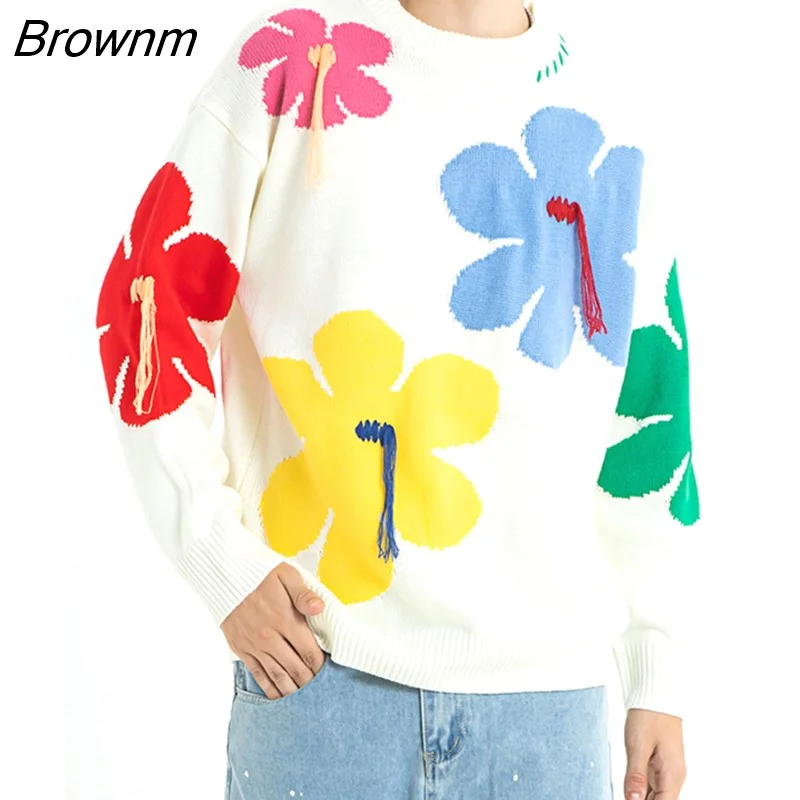 Brownm New Embroidered Knitting Pullovers Casual Fashion Women Sweater Tops O-Neck High Quality Women Tops