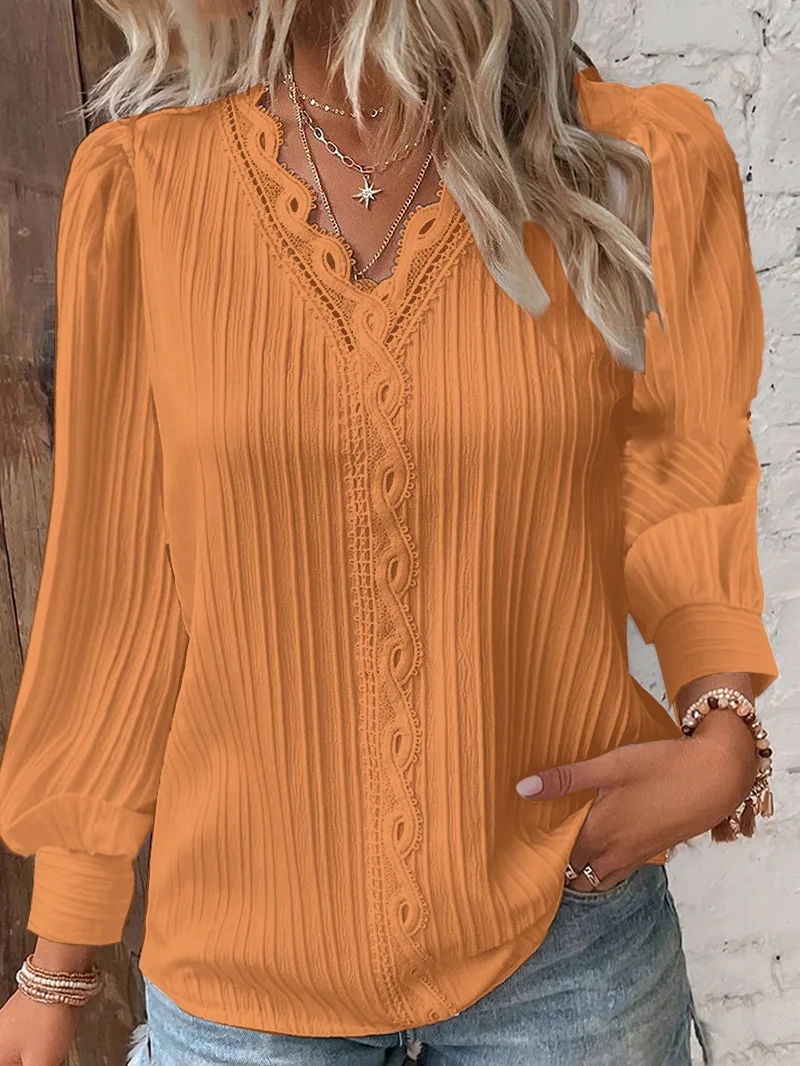 Uveng Uveng Explosion Autumn Long Sleeve V-Neck Lace Spliced Shirt Women's Shirt Women's Clothing