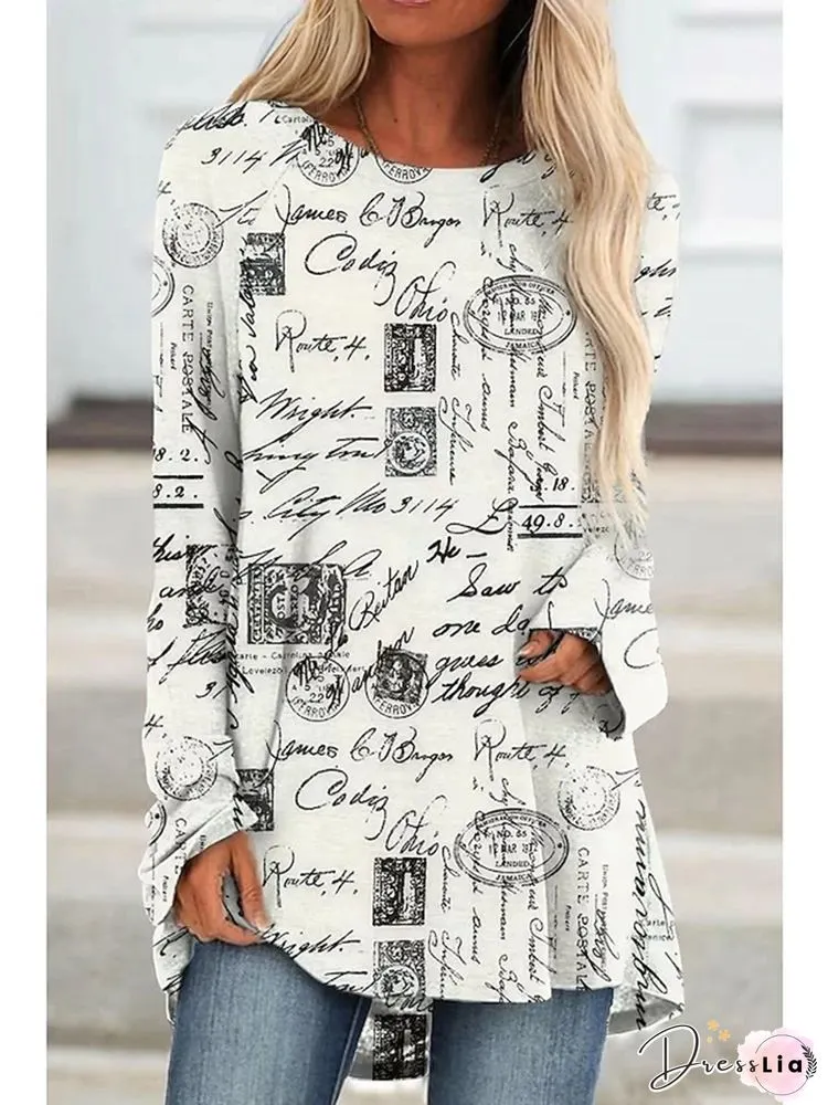 New Autumn Womens Clothing Fashion Printed Sleeve Tee Shirts Casual Elegant Shirt Femme