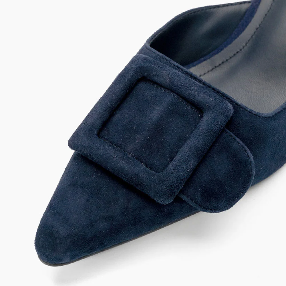 Simple Navy Pointed Toe Buckle Decor Kitten Heel Mules for Women