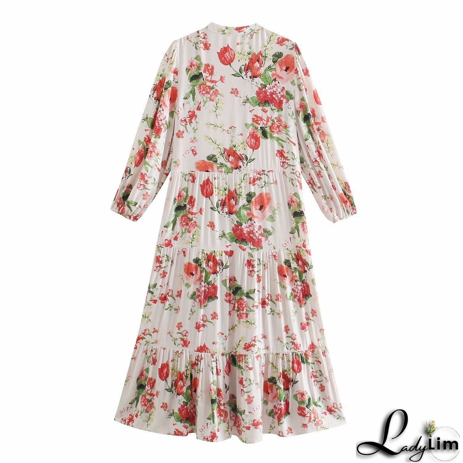 Single-Breasted Dress with Long Sleeves and Floral Print for Women