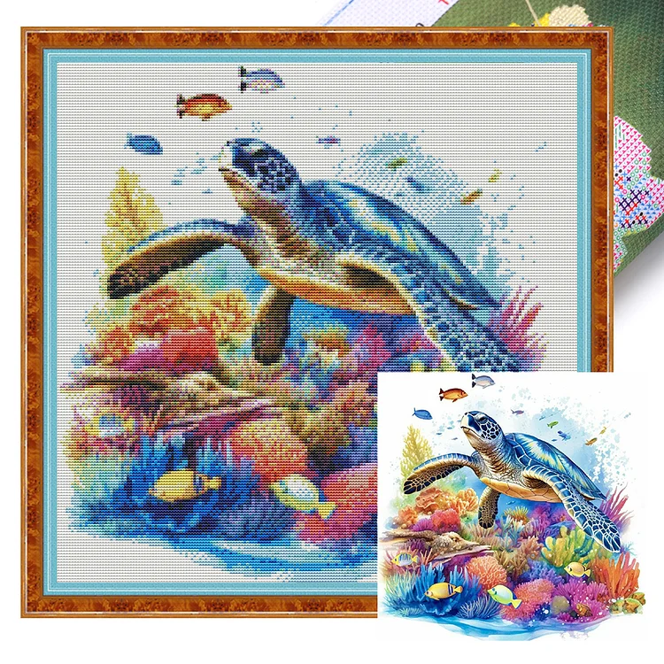 『HuaCan』Turtle - 14CT Stamped Cross Stitch(40*40cm)