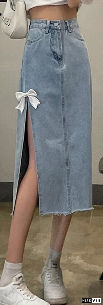 Women's Polyester High Elastic Waist Solid Pattern Denim Skirt