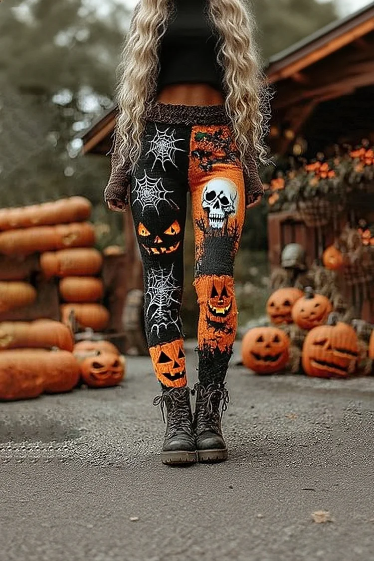 Halloween Pumpkin Face Frayed Patchwork Cozy Knit Leggings
