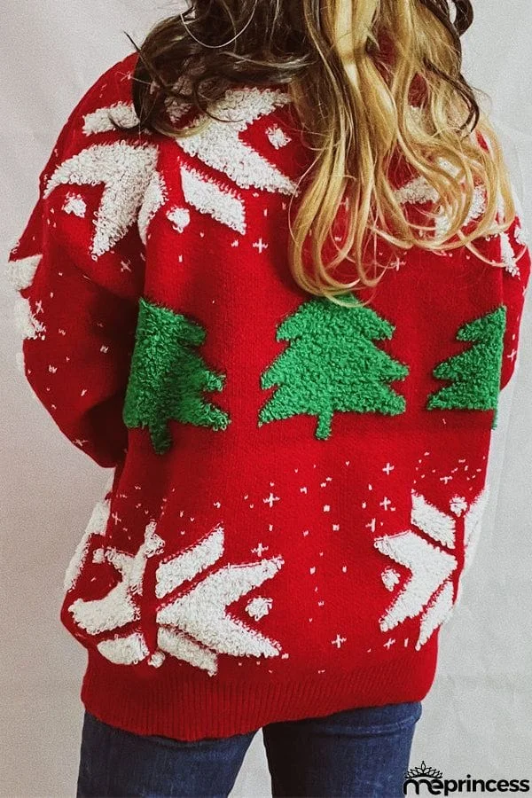 Christmas Pattern Knitted Crew Neck Long Sleeved Sweater