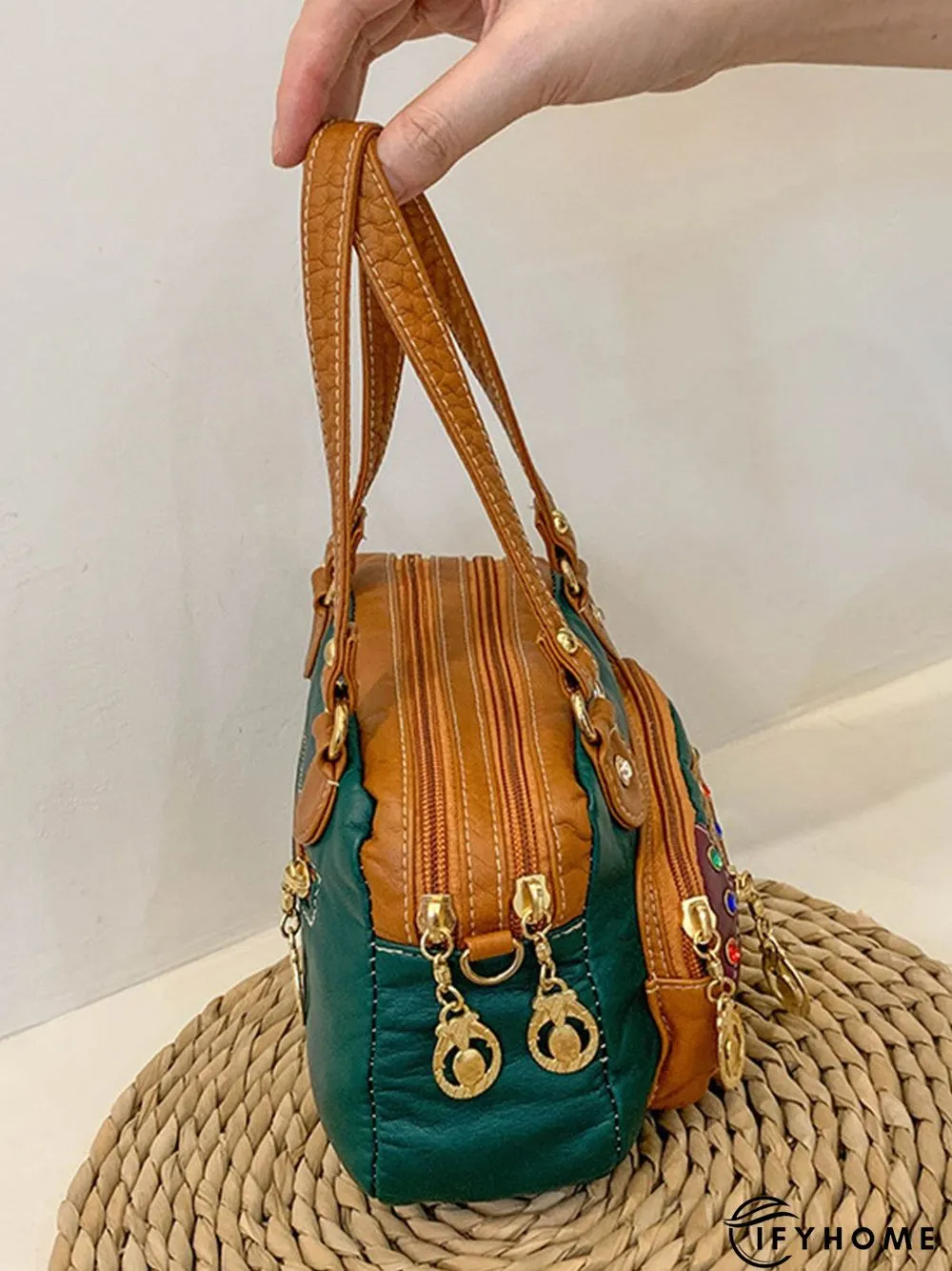 Retro Ethnic Style Mosaic Rhinestone Zipper Messenger Bag | IFYHOME