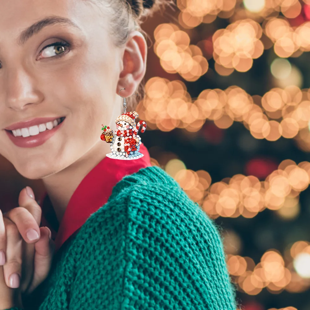 6 Pairs Double Sided Christmas Snowman Diamond Painting Earrings Jewelry