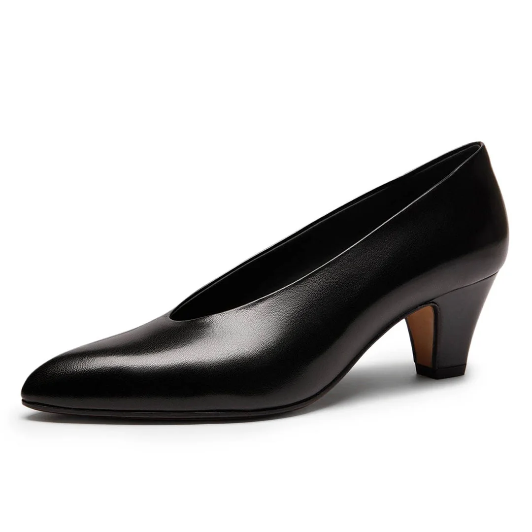 YDN Simple Chunky Heel Slip-On Pointed Toe Pumps Shoes in Black