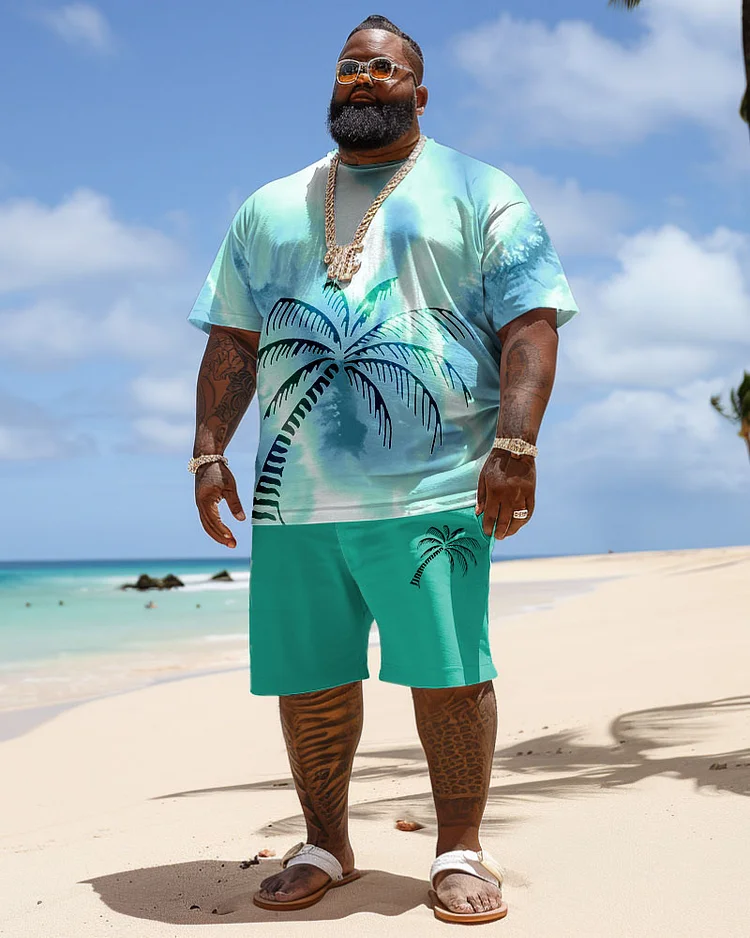 Men's Plus Size Hawaiian Tie-Dye Coconut Tree Print T-Shirt Shorts Suit